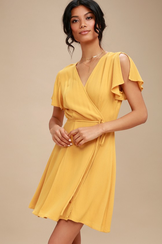Cute Mustard Yellow Dress - Wrap Dress - Short Sleeve Dress - Lulus